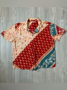 EARTHBOUND Patchwork Bandana Button-Up Shirt - Red, Peach, Teal